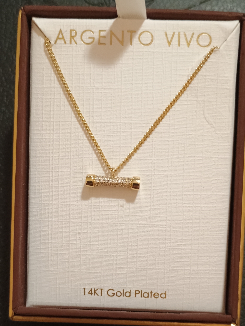 NIB Argento Vivo 14KT Gold Plated CZ Pavé Cylinder Bar Necklace Dainty